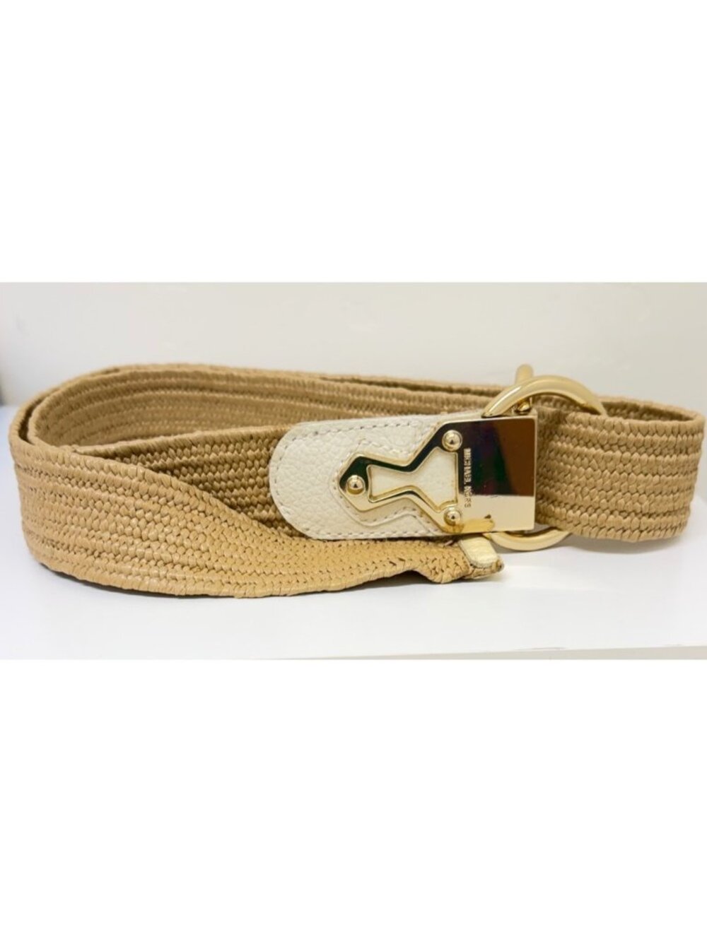 Michael Kors Tan Woven Belt with Gold Double Ring Buckle – L/XL